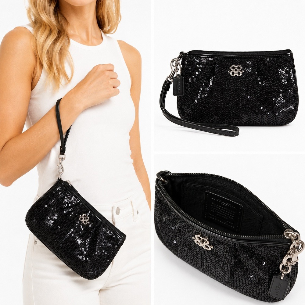 Coach Wristlet Women Small Black Sequin Glam Evening Bag Pouch Zip Top‎ Baguette